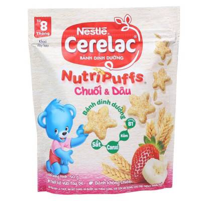 Bánh dinh dưỡng Nestle Cerelac Nutripuffs Vị Chuối và Dâu 50g