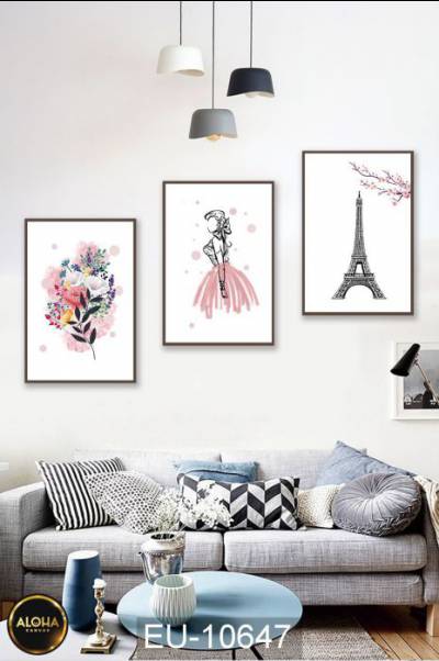 Bộ 3 Tranh Hoa, Cô Gái Và Tháp Eiffel - EU-10647 - Tranh treo phòng trang trí Cửa hàng