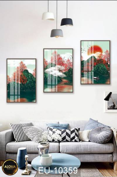 Bộ 3 tranh rừng xanh đỏ EU-10359 - Tranh treo phòng khách
