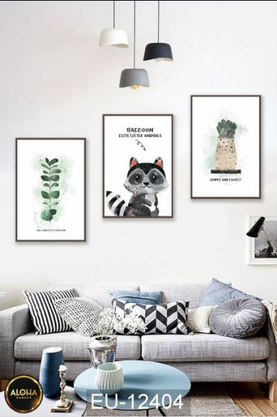 Bộ 3 Tranh Raccoon Cute Little Animals - EU-12404 - Tranh treo phòng ngủ