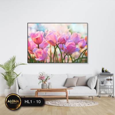 Tranh Cánh Đồng Hoa Tulip Hồng Trong Nắng - HL1-10 - Tranh treo phòng ngủ