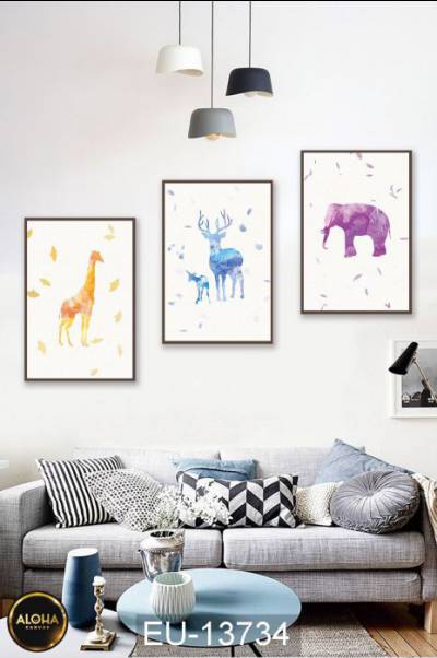 Bộ 3 tranh động vật sắc màu EU-13734 - Tranh treo phòng khách