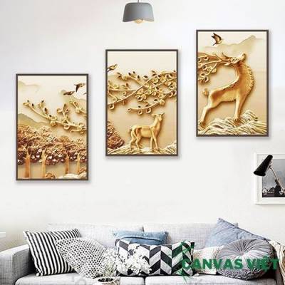  Bộ 3 tranh canvas phòng khách phù điêu rừng Sika HCV0005