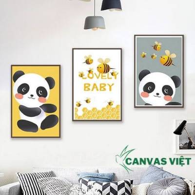  Bộ 3 tranh canvas phòng ngủ gấu trúc phong cách trẻ em HCV0023