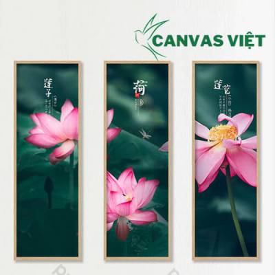  Bộ 3 tranh canvas khổ dọc hoa sen hồng  HCV0058