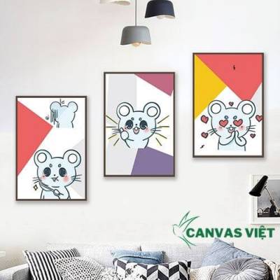  Bộ 3 tranh canvas mèo xinh phong cách hoạt hình HCV0015
