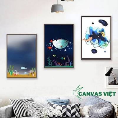  Bộ 3 tranh canvas cá con và đại dương phong cách bắc âu HCV0013