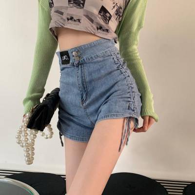 Quần short jeans lưng cao phối dây rút