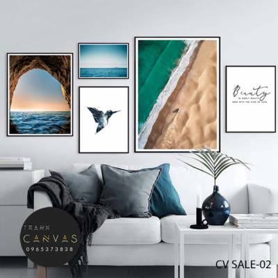 Tranh bộ 5 bức biển xanh, chim bay và tranh chữ-CVSALE-02