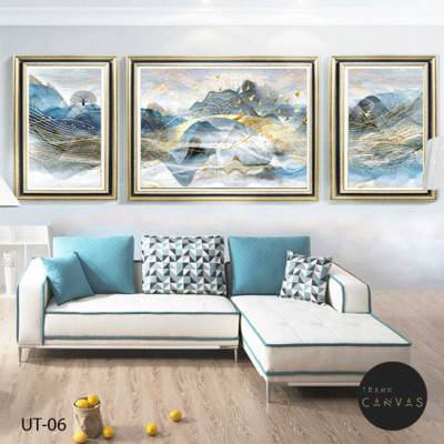Tranh treo tường trừu tượng dãy núi xanh và đàn chim vàng-UT-06