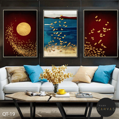 Tranh bộ 3 bức trừu tượng đàn cá, đàn bướm và mặt trời vàng kim-QT-19