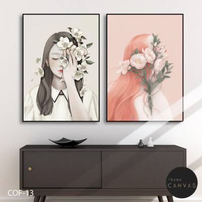 Tranh bộ 2 bức vẽ màu cô gái che mặt hoa nghệ thuật-COF-13