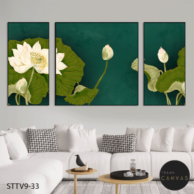 Tranh bộ 3 bức hoa sen trắng nền xanh-STTV9-33