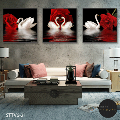 Tranh bộ 3 bức đôi chim thiên nga trắng và hoa hồng đỏ-STTV6-21