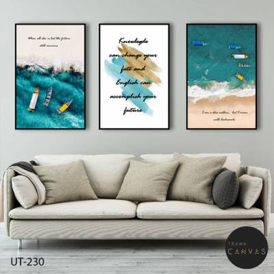 Tranh bộ 3 bức vẽ trừu tượng bờ biển và tranh chữ tiếng Anh-UT-230