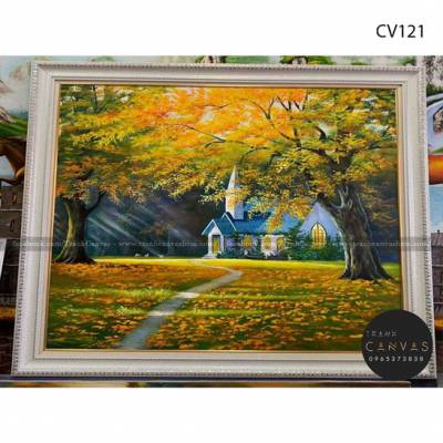Tranh sơn dầu vẽ ngôi nhà giữa hàng cây lá vàng-CV121