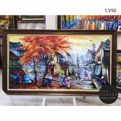 Tranh sơn dầu vẽ phong cảnh phố cổ Hà Nội mùa thu-CV50
