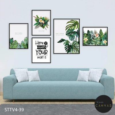 Tranh bộ 5 bức cây hoa lá xanh phối chữ và tranh chữ-STTV4-39