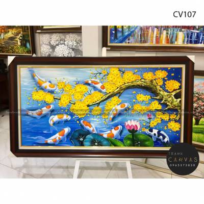 Tranh treo tường sơn dầu vẽ cành hoa mai và đàn cá chép bơi lội-CV107