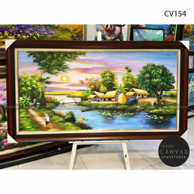 Tranh sơn dầu phong cảnh làng quê: nhà tranh bên dòng sông-CV154