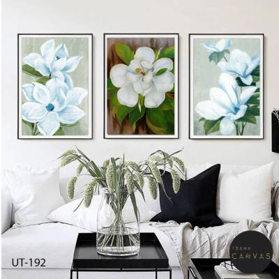 Tranh bộ 3 bức vẽ sơn dầu những bông hoa trắng xanh đẹp-UT-192