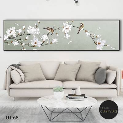 Tranh treo tường vẽ màu đôi chim đậu cành hoa trắng-UT-68