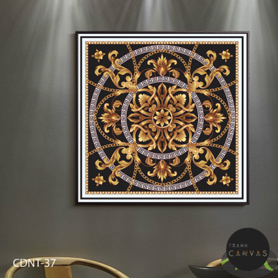 Tranh treo tường vòng tròn hoa văn họa tiết màu vàng đen xám-CDNT-37