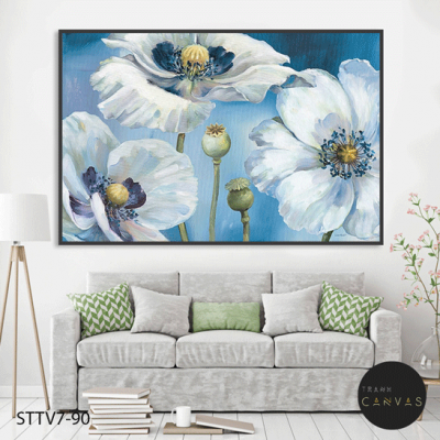 Tranh treo tường vẽ bông hoa màu xanh trắng-STTV7-90