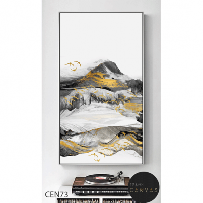 Tranh treo tường trừu tượng núi đen trắng chim vàng kim-CEN73