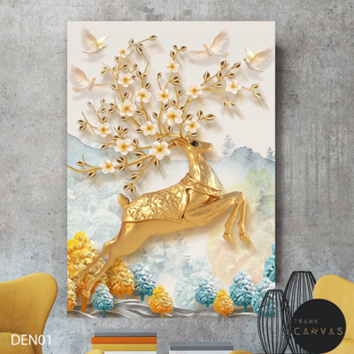 Tranh treo tường cây lá, chim trắng và hươu sừng hoa vàng kim-DEN01