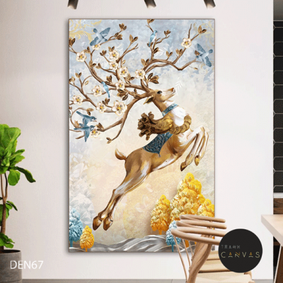 Tranh treo tường cây lá, chim xanh và hươu sừng hoa vàng kim khổ dọc-DEN67