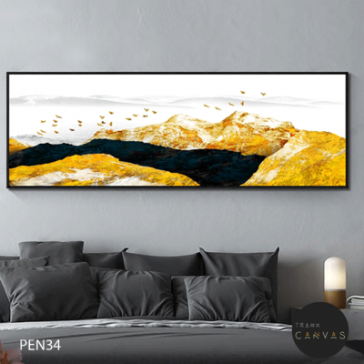 Tranh treo tường dãy núi xanh vàng ánh kim và đàn chim vàng-PEN34