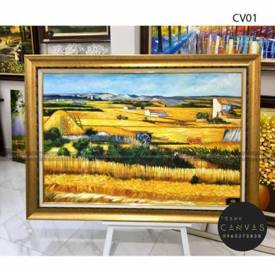 Tranh treo tường sơn dầu phong cảnh đồng lúa chín vàng-CV01