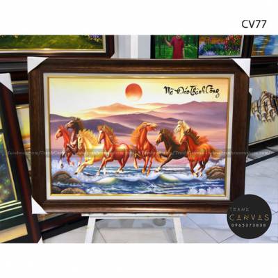 Tranh treo tường sơn dầu vẽ đàn ngựa vượt sông khắc chữ-CV77