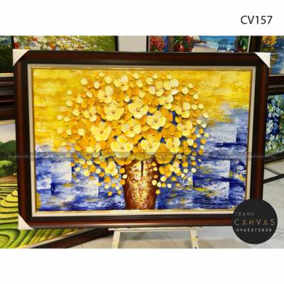 Tranh treo tường sơn dầu vẽ lọ hoa và bông hoa vàng nền xanh-CV157