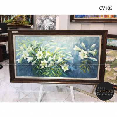 Tranh treo tường sơn dầu vẽ những hoa ly trắng nền lá xanh-CV105