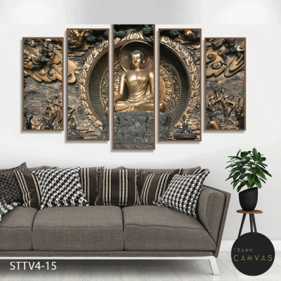 Tranh bộ ghép 5 tấm tượng Phật Thích Ca Mâu Ni ngồi thiền-STTV4-15