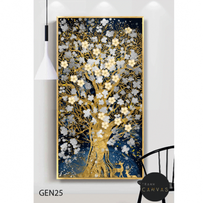 Tranh treo tường khổ dọc cây vàng hoa trắng xanh ánh kim-GEN25