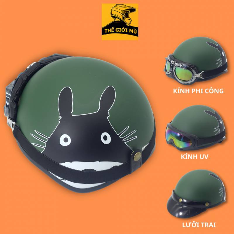 Mũ bảo hiểm nửa đầu in hình Totoro màu xanh rêu Cute,nón bảo hiểm thời trang có kèm kính