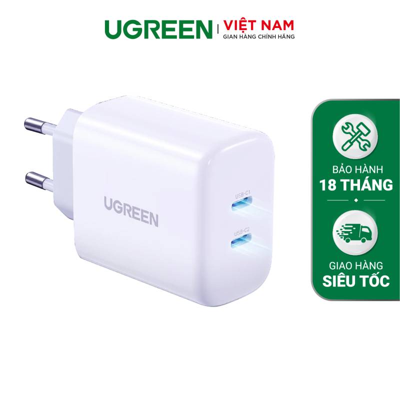  	Củ sạc nhanh UGREEN 10342 Sạc nhanh 40W 2 cổng Type C Chân cắm tròn EU – Hàng chính hãng