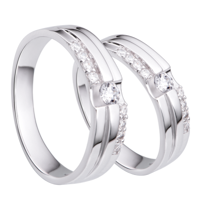Cặp nhẫn cưới Vàng trắng 10K đính đá ECZ PNJ Chung Đôi 00148-00147