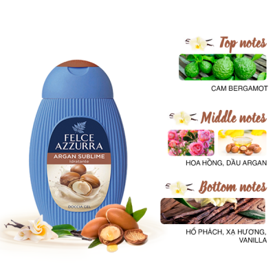 Sữa tắm hương nước hoa Ý Felce Azzurra 250ml ngăn ngừa lão hóa cho da với dầu Argan