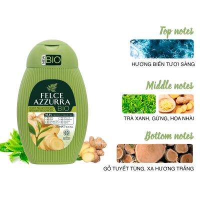 Sữa tắm hữu cơ Felce Azzurra Bio Ý chiết xuất trà xanh và gừng 250ml