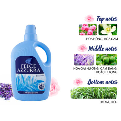 Nước xả vải hương nước hoa Ý Felce Azzurra 3L siêu mềm mại, thơm cỏ sả, oải hương