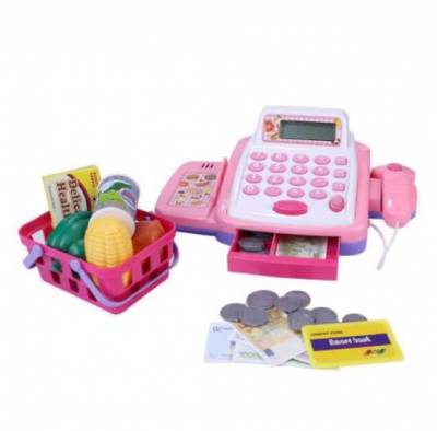  									Bộ đồ chơi máy tính tiền màu hồng, hiển thị màn hình, có đèn và âm thanh báo 								