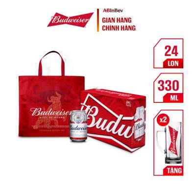 [CHỈ GIAO HÀ NỘI] Thùng 24 Lon Bia Budweiser Chính Hãng (330ml/lon) Tặng 2 Ly Bud Phiên Bản Tết