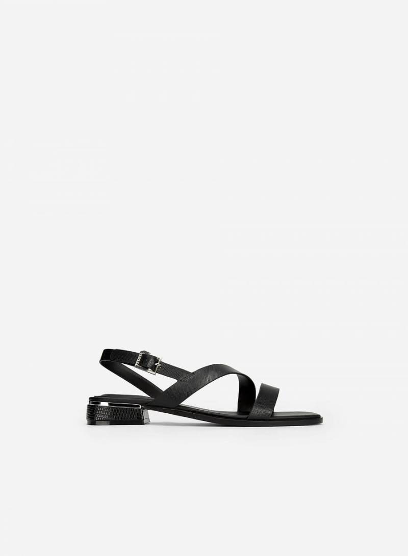  Giày Sandal Vân Da Kỳ Đà Gót Trụ Viền Metallic - SDK 0323 - Màu Đen