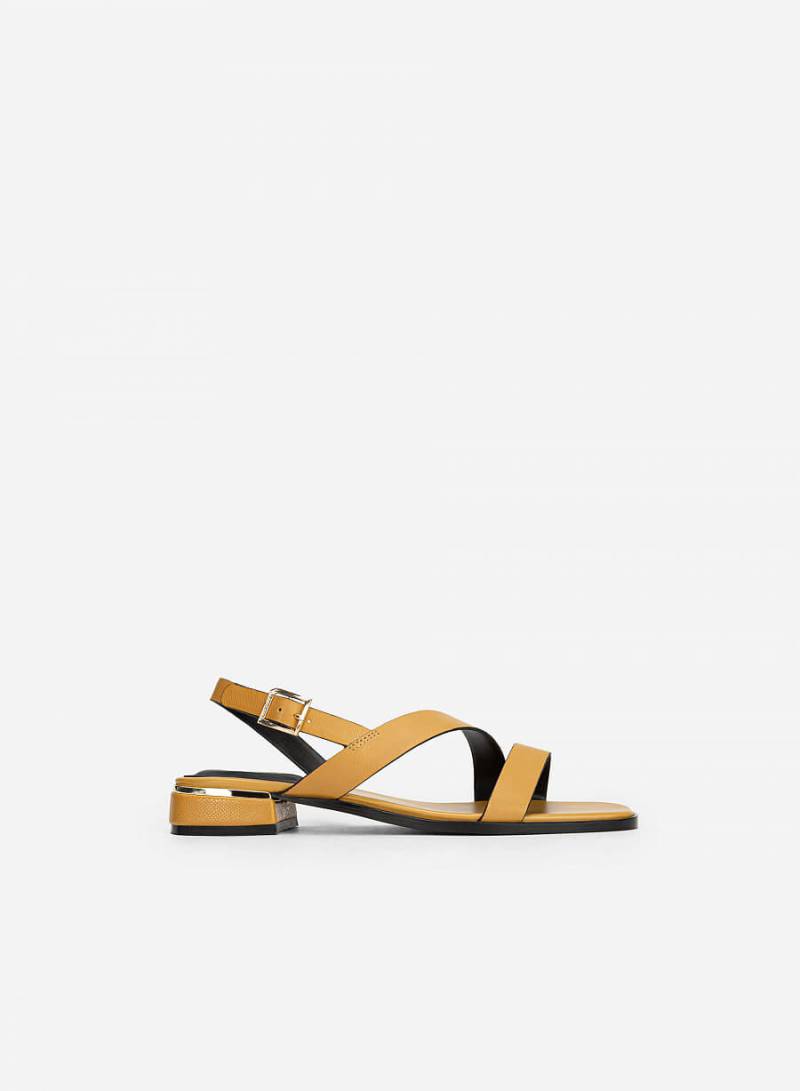 Giày Sandal Vân Da Kỳ Đà Gót Trụ Viền Metallic - SDK 0323 - Màu Vàng Đậm